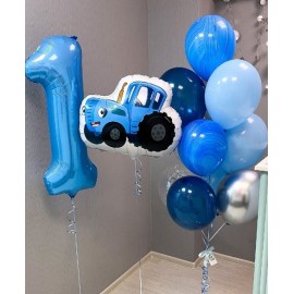 Цифра 1 голубая+фонтан 10 шаров+синий трактор