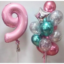Нежно розовая цифра+фонтан 13 шаров
