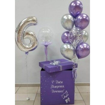 Фиолетовая коробка с фиолетого-серебрянным фонтан+баблс+цифра