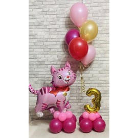 Розовая кошка+цифра+фонтан 5 шаров
